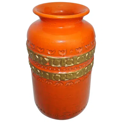 Pre-owned Bitossi Ceramic Vase By Aldo Londi , Orange With Gold Decoration, Italy, C 1960