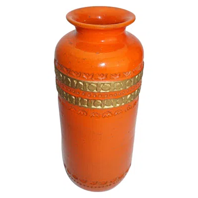 Pre-owned Bitossi Ceramic Vase By Aldo Londi , Orange/gold Trim, Italy, C 1960, Mid-century