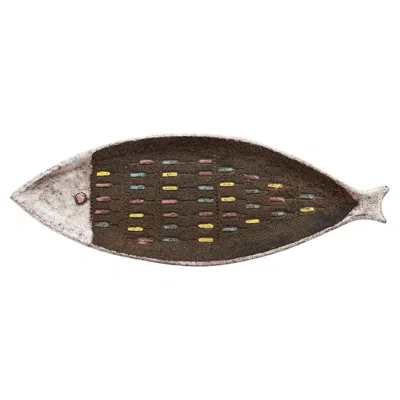 Pre-owned Bitossi Fish Tray, Ceramic, White, Matte Brown, Pink, Blue, Incised, Signed In Black