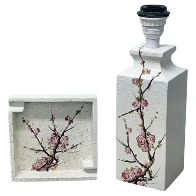 Pre-owned Bitossi Flavia Set Table Lamp And Ashtray - Vide Poche With Cherry Blossom Motif In Transparent