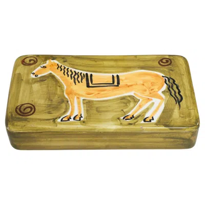 Pre-owned Bitossi Hand-painted Porcelain Horse Box By , Mid-century Modern, Italy In Brown