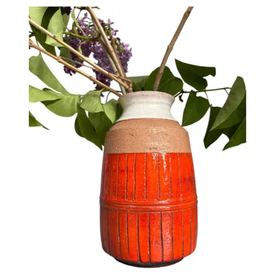 Pre-owned Bitossi Italian  Ceramic Vase, Hand-painted, Orange Red Glaze, 1960s