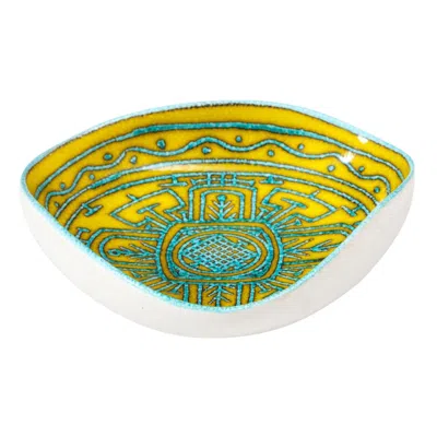 Pre-owned Bitossi Italian Ceramic Bowl, Abstract, Yellow, Blue, White, Tribal, Signed In Brown