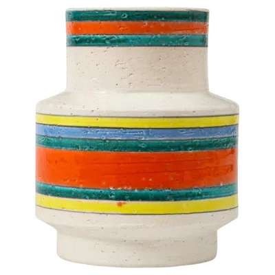 Pre-owned Bitossi Italian Ceramic Vase, White, Stripes, Orange, Yellow, Blue, Teal Green, Signed
