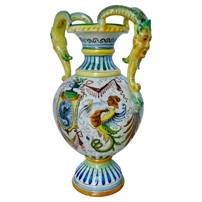 Pre-owned Bitossi Italian Majolica Hand Painted Ceramic Pottery Face Handles Vase In Brown