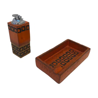 Pre-owned Bitossi Italian Orange And Black Ceramic Smoking Set By
