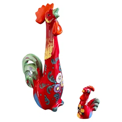 Pre-owned Bitossi Italian Set Of 2 Roosters Fiery Red, Mid-century Studio Ceramic, Ca. 1960s-1970s