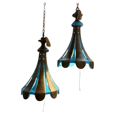 Pre-owned Bitossi Italian Striped Ceramic Pendant Chandeliers Rimini Blue  Era