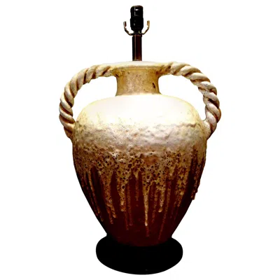 Pre-owned Bitossi Large Italian Drip Glaze Pottery Lamp With Twisted Handles Attributed To Fantoni In Brown