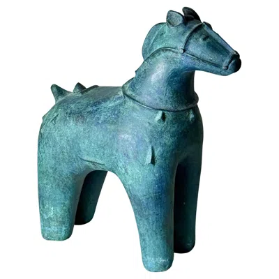 Pre-owned Bitossi Large Mid Century Modern Verdigris Ceramic Japanese Haniwa Style Horse Sculpture In Blue