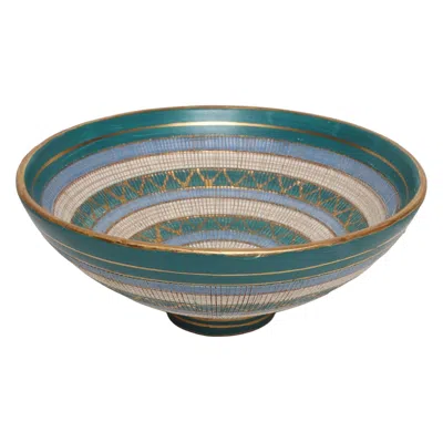 Pre-owned Bitossi Large Teal And Gilt Ceramic "seta" Pedestal Bowl By Aldo Londi For  Italy In Green