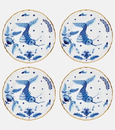 Bitossi Marino Blue Fish Set Of 4 Dessert Plates