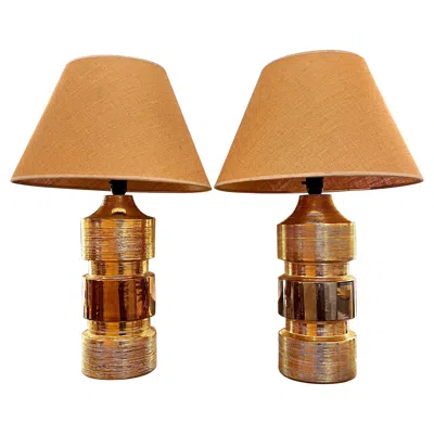Pre-owned Bitossi Mid Century Pair Of Bergboms Table Lamps In Gold And Silver Ceramic. In Brown