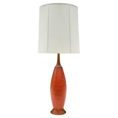Pre-owned Bitossi Mid-century Danish Or Italian Modern Orange Ceramic Pottery & Walnut Table Lamp