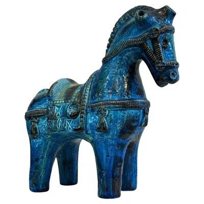 Pre-owned Bitossi Mid-century Italian Modern  Ceramic Blue Horse Pottery By Aldo Londi