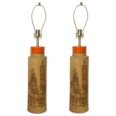Pre-owned Bitossi Mid-century Modern  Citiscape Ceramic Table Lamps, Italy, 1950s In Brown