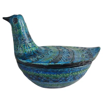 Pre-owned Bitossi Mid-century Modern Sculptural Rooster / Hen Jar With Lid By  Aldo Londi In Blue