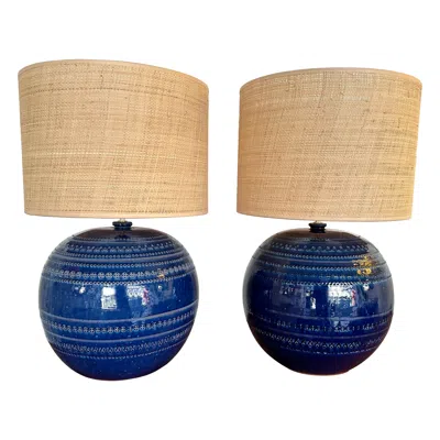 Pre-owned Bitossi Mid-century Pair Of Ceramic Lamps Blue Rimini By . Italy, 1990s