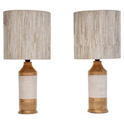 Pre-owned Bitossi Mid-century Pair White Gold Ceramic Glazed Table Lamps By