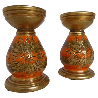 Pre-owned Bitossi Modern Sunburst Pottery Candleholders -  Londi Rosenthal Netter Italy 60s In Brown