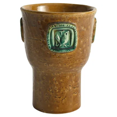 Pre-owned Bitossi Mustard Brown Stoneware Vase With Celadon Green Birds By Aldo Londi For  In Yellow