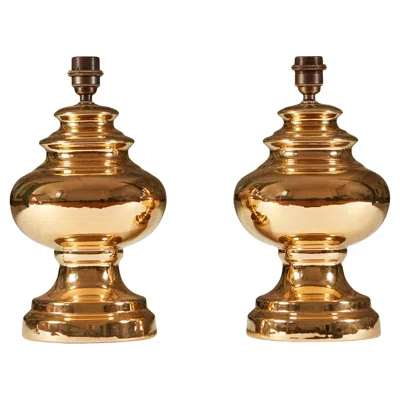 Pre-owned Bitossi Pair Of 1970 Gold Glaze Table Lamps By  For Bergboms In Brown