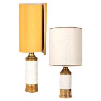 Pre-owned Bitossi Pair Of  "birch"lamps, With Custom Made Silk Shades By Rene Houben In Orange