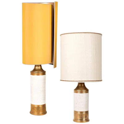 Pre-owned Bitossi Pair Of  "birch"lamps, With Custom Made Silk Shades By Rene Houben In Orange