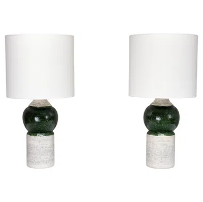 Pre-owned Bitossi Pair Of  Ceramic Table Lamps With Green Glazed Spheres, Bergboms, 1960