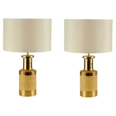 Pre-owned Bitossi Pair Of  Table Lamps Gold And Stoneware Ceramic Italy 1970's