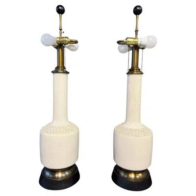 Pre-owned Bitossi Pair Of Italian Crackle-glazed Ceramic Table Lamps With Rosettes, Mid-century In Sand