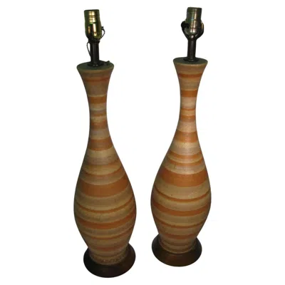 Pre-owned Bitossi Pair Of Mid-century Danish Modern Striped Pottery Table Lamps Italy In Brown