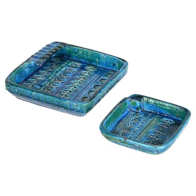 Pre-owned Bitossi Pair Of "rimini Blue" Ceramic Square Ashtrays, By , Italy, 1960s
