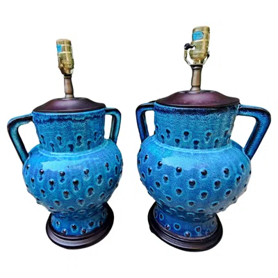 Pre-owned Bitossi Pair Of Turquoise  Ceramic Asian Lantern Style Italian Table Lamps In Blue