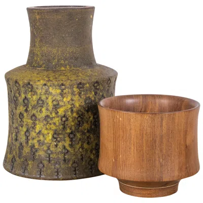 Pre-owned Bitossi Rare  Vase With Matching Teak Bowl In Brown