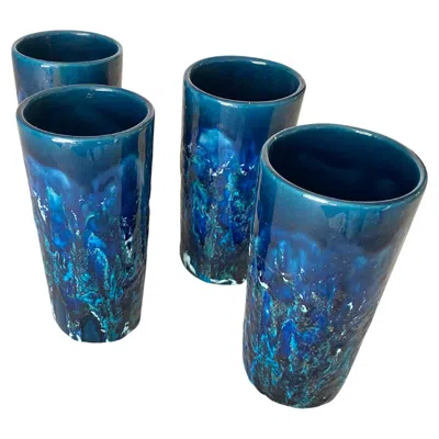 Pre-owned Bitossi Set Of 4 Glasses In Ceramic Blue Color Italy 1960 Bistosi Style