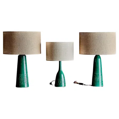 Pre-owned Bitossi Set Of Three  Ceramic Table Lamps In Green Glaze Italy, 1960s