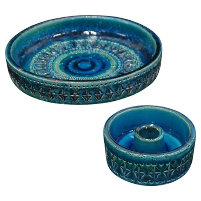 Pre-owned Bitossi Set Of Two  Aldo Londi Rimini Blue Glazed Ceramics Pieces, Italy