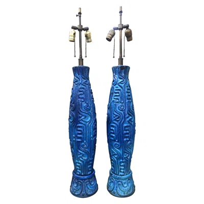 Pre-owned Bitossi Spectacular Pair Xl Textured Blue  Style Ceramic Lamp Mid-century Modern