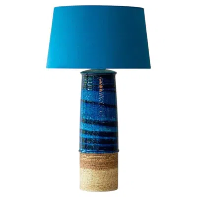 Pre-owned Bitossi Style Aqua And Sand Ceramic Table Lamp, Blue Silk Lampshade By R. Houben