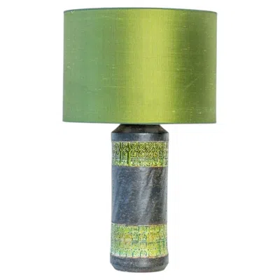 Pre-owned Bitossi Style Green Ceramic Lamp, Custom Green Silk Lampshade By R. Houben