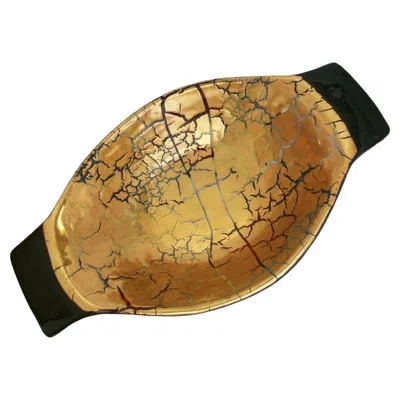 Pre-owned Bitossi , Twin Handled Gold Crackle Glazed Ceramic Bowl, Italy, Circa 1950's In Brown