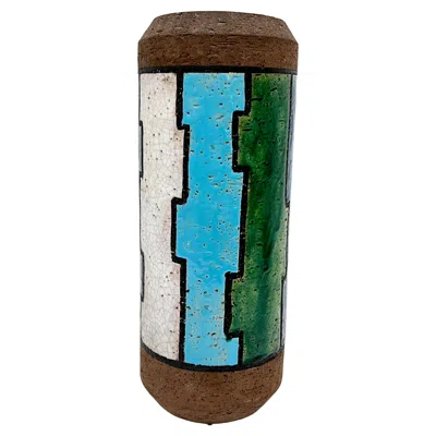 Pre-owned Bitossi Vase, Aldo Londi, Lineas Rotas In Aqua, Green, White & Chocolate
