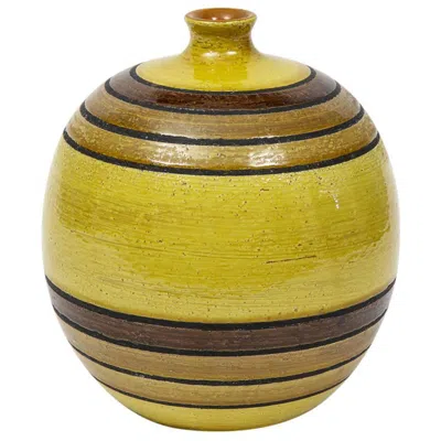 Pre-owned Bitossi Vase, Ceramic, Chartreuse, Green, Earth Tones, Stripes, Signed In Brown