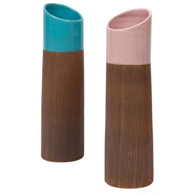 Pre-owned Bitossi Vases, Ceramic, Pink, Blue, Ribbed, Signed In Brown