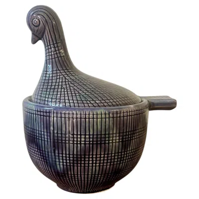 Pre-owned Bitossi Vintage Ceramic Bird Lidded Vessel In The Manner Of Aldo Londi For  In Black