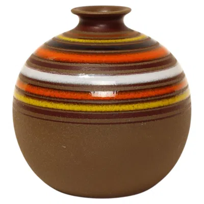Pre-owned Bitossi Vintage Italian Aldo Londi For  Brown Ceramic "fascie Colorate" Orb Vase