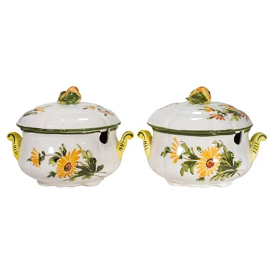 Pre-owned Bitossi Vintage Majolica Pair Of Tureens With Lids, Italy Hand-painted In Sand