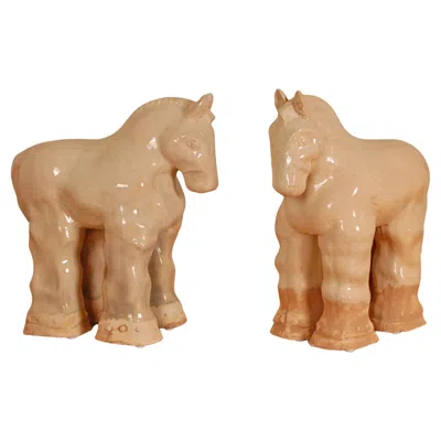 Pre-owned Bitossi Vintage Tall Ceramic Horse Sculptures Glazed Pottery Figures Handmade Terracotta In Brown