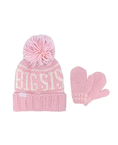 Bits & Bows Girls' Big Sis Bobble Hat & Mittens Set - Little Kid, Big Kid In Pink/white